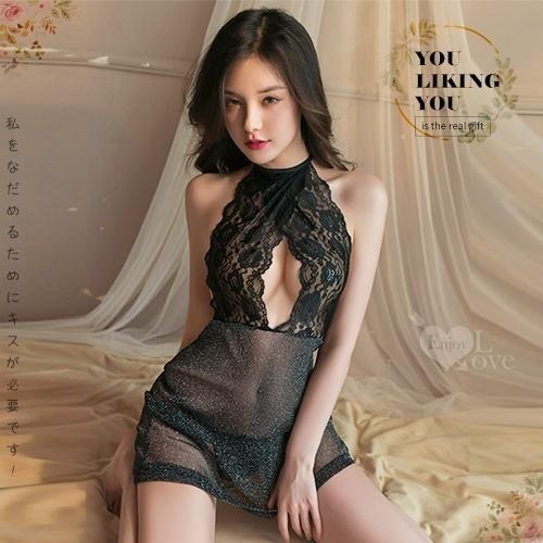 情趣睡衣【附丁字褲】浪漫蕾絲花朵輕透鏤空挖空露乳露背綁脖繋帶 薄紗透紗亮絲裙擺身裙 情趣內衣 性感睡衣內衣-細節圖2