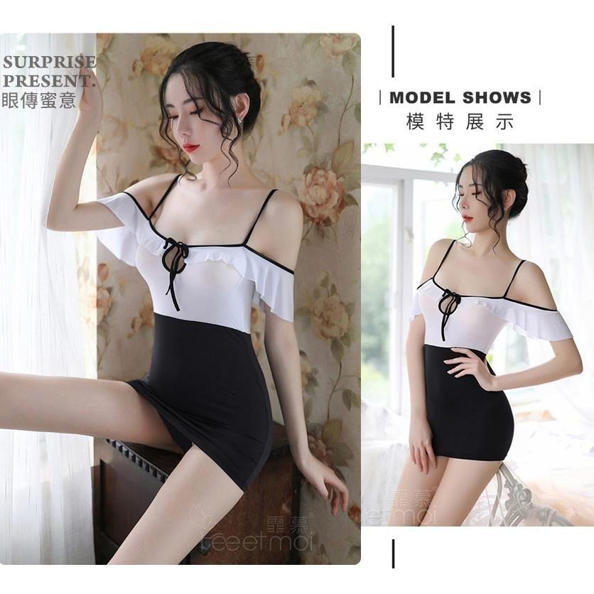 胸前鏤空細帶 高腰荷葉邊 拼色香肩吊帶裙 誘惑包臀短裙 情趣睡衣 情趣內衣 性感睡衣 性感內衣 情人節禮物 交換禮物-細節圖3