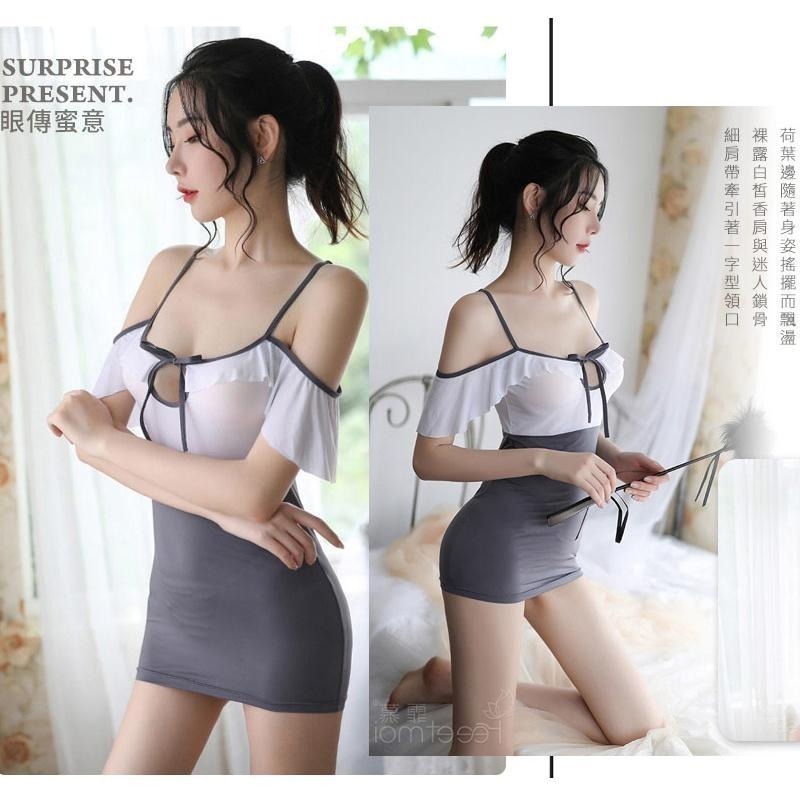 胸前鏤空細帶 高腰荷葉邊 拼色香肩吊帶裙 誘惑包臀短裙 情趣睡衣 情趣內衣 性感睡衣 性感內衣 情人節禮物 交換禮物-細節圖4