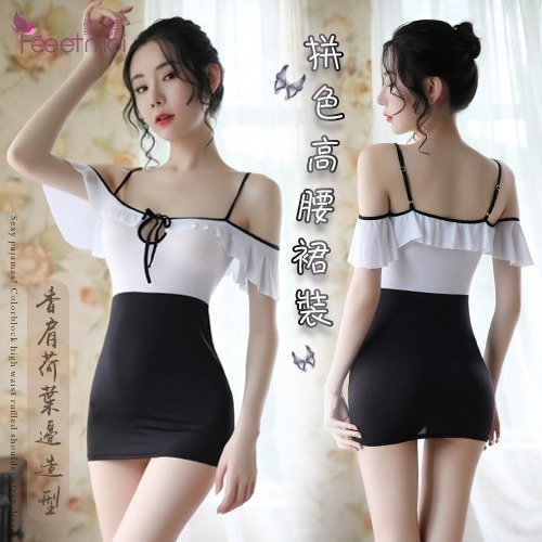 胸前鏤空細帶 高腰荷葉邊 拼色香肩吊帶裙 誘惑包臀短裙 情趣睡衣 情趣內衣 性感睡衣 性感內衣 情人節禮物 交換禮物-細節圖10