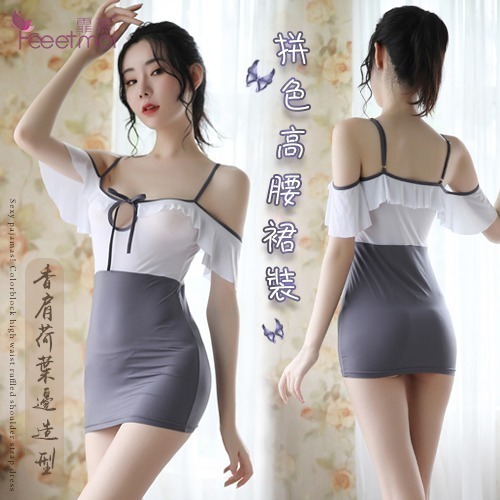 胸前鏤空細帶 高腰荷葉邊 拼色香肩吊帶裙 誘惑包臀短裙 情趣睡衣 情趣內衣 性感睡衣 性感內衣 情人節禮物 交換禮物-細節圖11