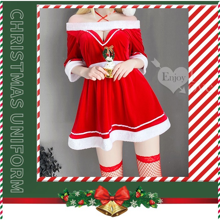 聖誕新年派對套裝 絲絨毛邊一字領交叉繫帶連身裙四件式【帽子＋連身裙＋丁字褲＋網襪】角色扮演服裝 情趣睡衣-細節圖5