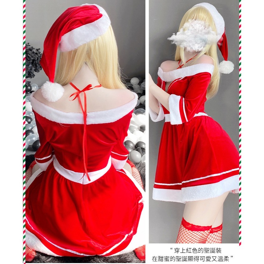 聖誕新年派對套裝 絲絨毛邊一字領交叉繫帶連身裙四件式【帽子＋連身裙＋丁字褲＋網襪】角色扮演服裝 情趣睡衣-細節圖6
