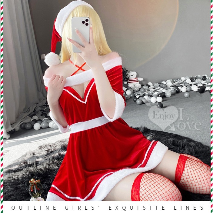 聖誕新年派對套裝 絲絨毛邊一字領交叉繫帶連身裙四件式【帽子＋連身裙＋丁字褲＋網襪】角色扮演服裝 情趣睡衣-細節圖7