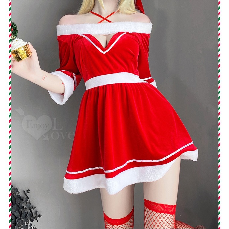 聖誕新年派對套裝 絲絨毛邊一字領交叉繫帶連身裙四件式【帽子＋連身裙＋丁字褲＋網襪】角色扮演服裝 情趣睡衣-細節圖8