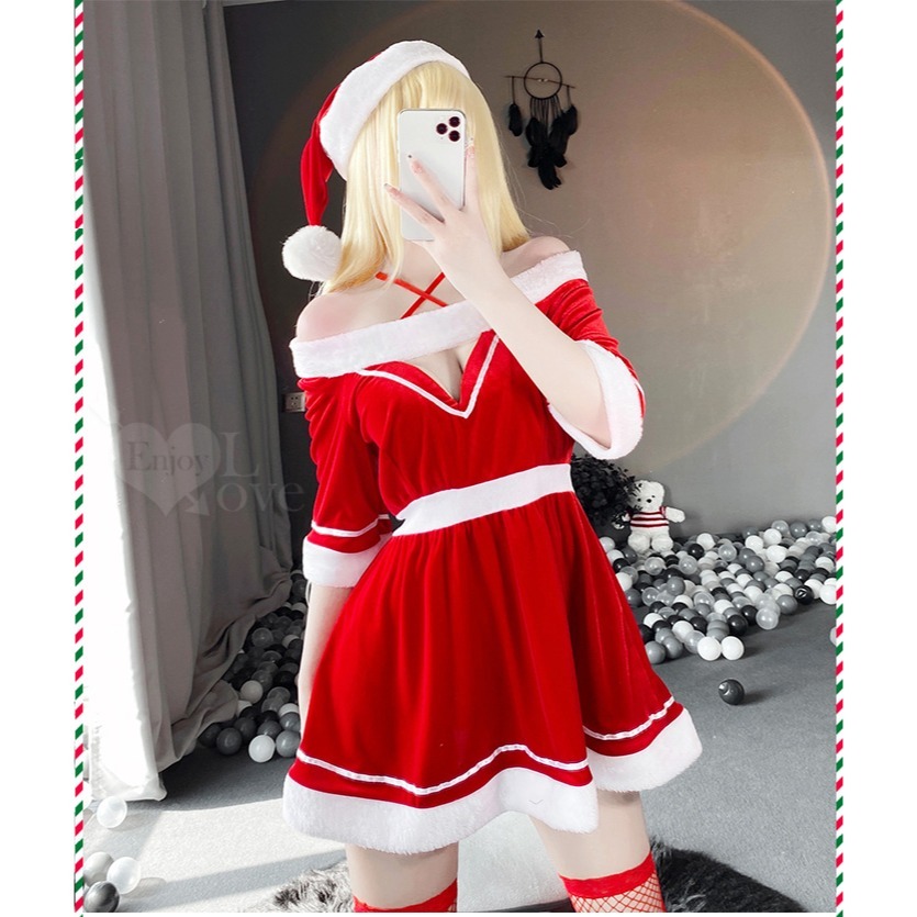 聖誕新年派對套裝 絲絨毛邊一字領交叉繫帶連身裙四件式【帽子＋連身裙＋丁字褲＋網襪】角色扮演服裝 情趣睡衣-細節圖9