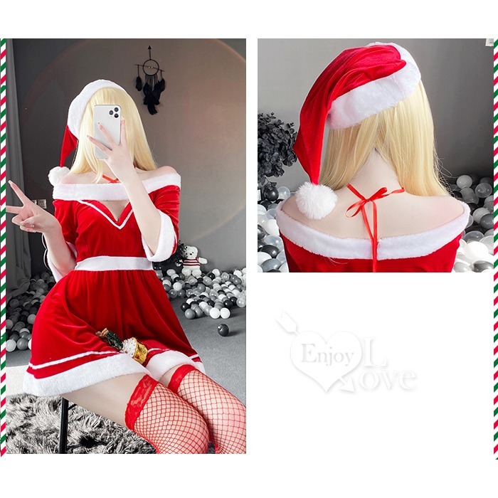 聖誕新年派對套裝 絲絨毛邊一字領交叉繫帶連身裙四件式【帽子＋連身裙＋丁字褲＋網襪】角色扮演服裝 情趣睡衣-細節圖10