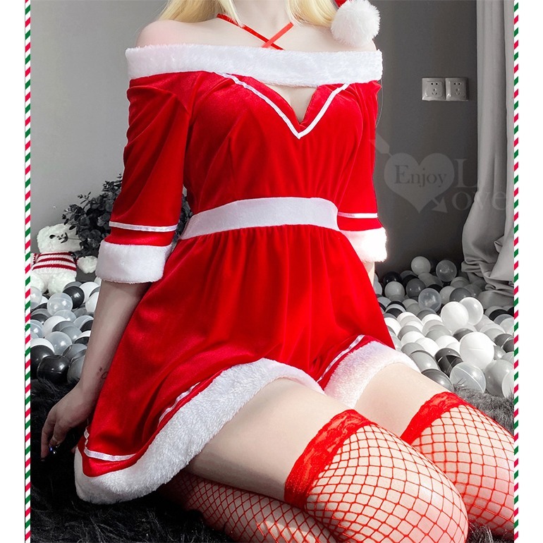 聖誕新年派對套裝 絲絨毛邊一字領交叉繫帶連身裙四件式【帽子＋連身裙＋丁字褲＋網襪】角色扮演服裝 情趣睡衣-細節圖11