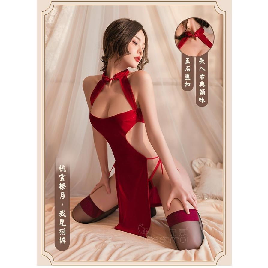 仿旗袍睡衣【綁帶旗袍+丁字褲+絲襪】胸口挖空露溝美背腰側鏤空高開衩綁帶可解.乳溝火辣勾引.情趣內衣.性感睡衣-細節圖7
