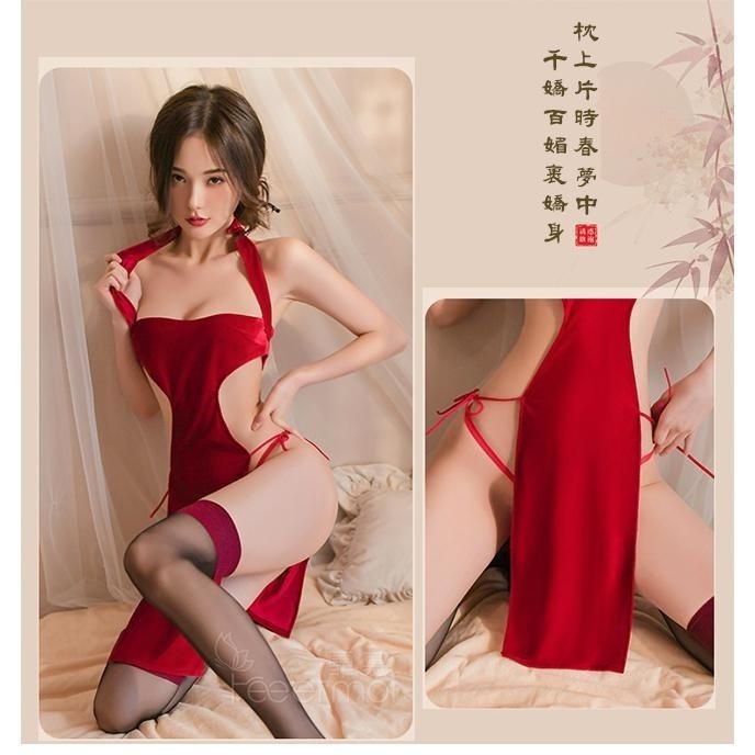 仿旗袍睡衣【綁帶旗袍+丁字褲+絲襪】胸口挖空露溝美背腰側鏤空高開衩綁帶可解.乳溝火辣勾引.情趣內衣.性感睡衣-細節圖9