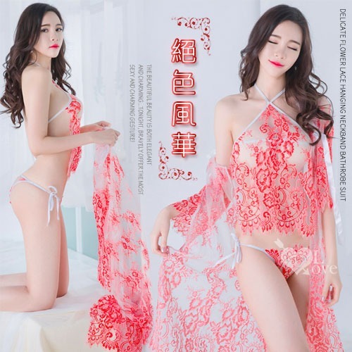 復古風味 細膩緹花蕾絲掛脖肚兜浴袍套裝【蕾絲浴袍＋肚兜＋側綁帶內褲】情趣睡衣 情趣內衣 性感睡衣 性感內衣 透膚透視-規格圖2