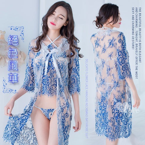 復古風味 細膩緹花蕾絲掛脖肚兜浴袍套裝【蕾絲浴袍＋肚兜＋側綁帶內褲】情趣睡衣 情趣內衣 性感睡衣 性感內衣 透膚透視-規格圖3