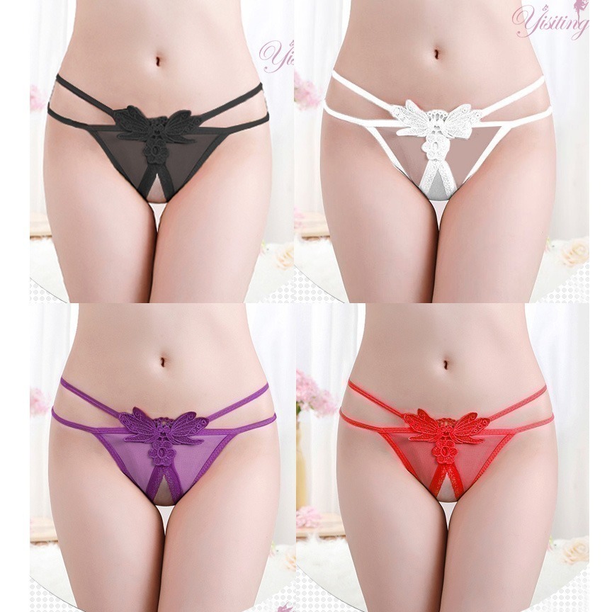露臀開襠丁字褲 誘人開檔T字褲 雙彈力帶蝴蝶刺繡 免脫女生情趣內褲性感內褲薄紗網紗透膚-細節圖8