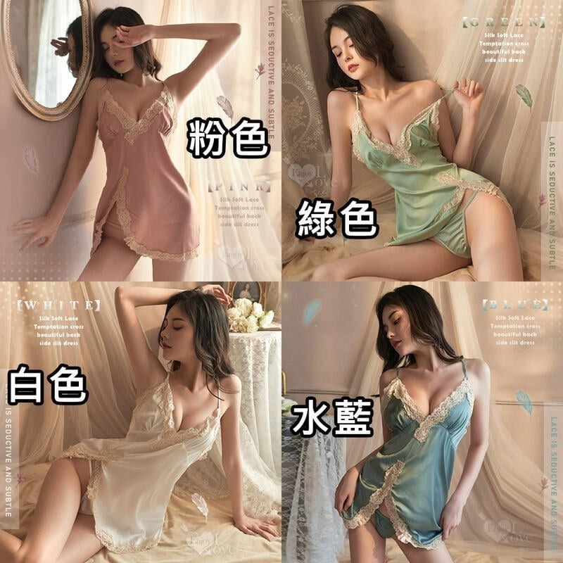 情趣睡衣【附丁字褲】絲綢柔軟蕾絲誘惑交叉美背側開衩連身裙兩件組 情趣內衣 性感睡衣內衣 爆乳誘惑-細節圖11