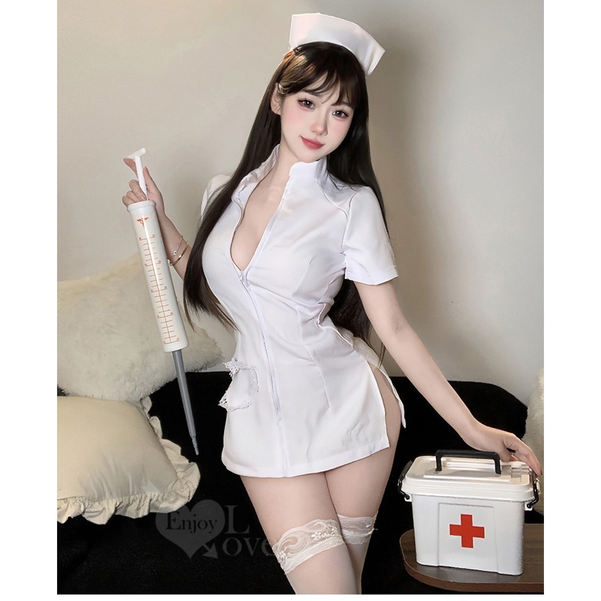 護士角色扮演服 激情護士服拉鍊露胸深V誘惑 開衩包臀連身裙 絲襪 護士制服 情趣睡衣性感內衣 表演夜店派對服 36222-細節圖5