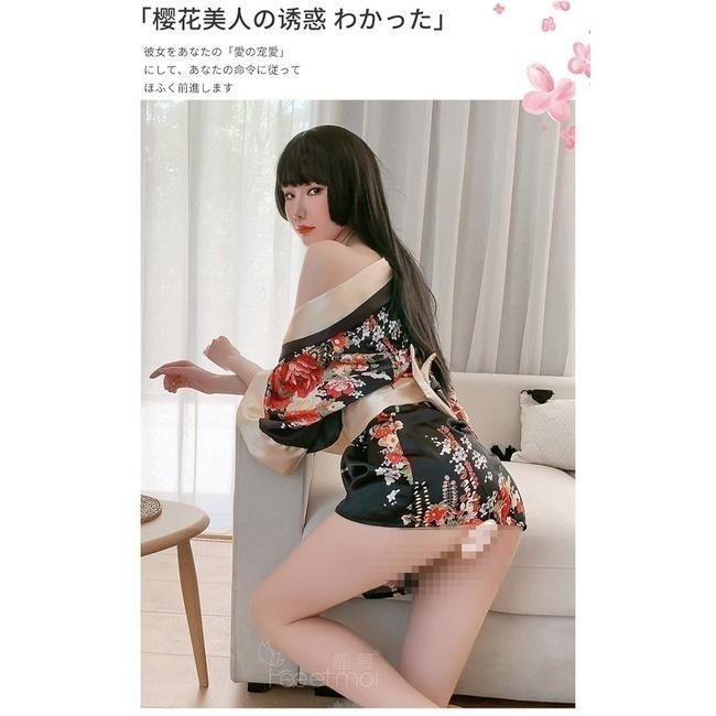 情趣和服角色扮演服裝❤開襟低領半遮胸 日系印花寬袖口 大蝴蝶結繋帶收腰三件組 情趣內衣 性感內衣-細節圖7
