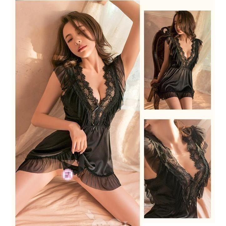 情趣睡衣【連身裙+丁字褲】法式浪漫收腰透紗網紗 情趣睡衣內衣 性感睡衣內衣 深V蕾絲 性感V型露背 激情免脫-細節圖3