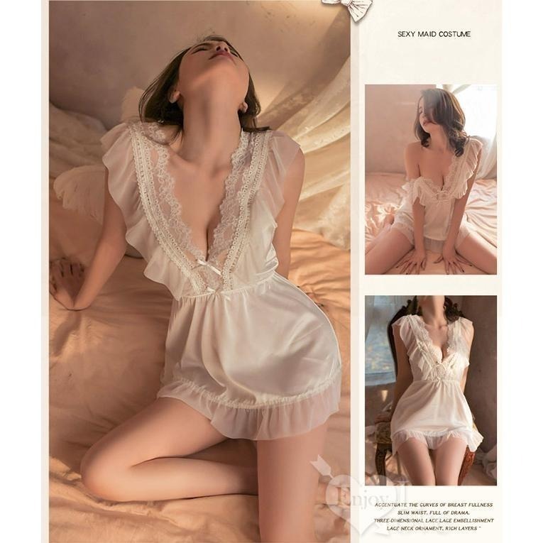 情趣睡衣【連身裙+丁字褲】法式浪漫收腰透紗網紗 情趣睡衣內衣 性感睡衣內衣 深V蕾絲 性感V型露背 激情免脫-細節圖8