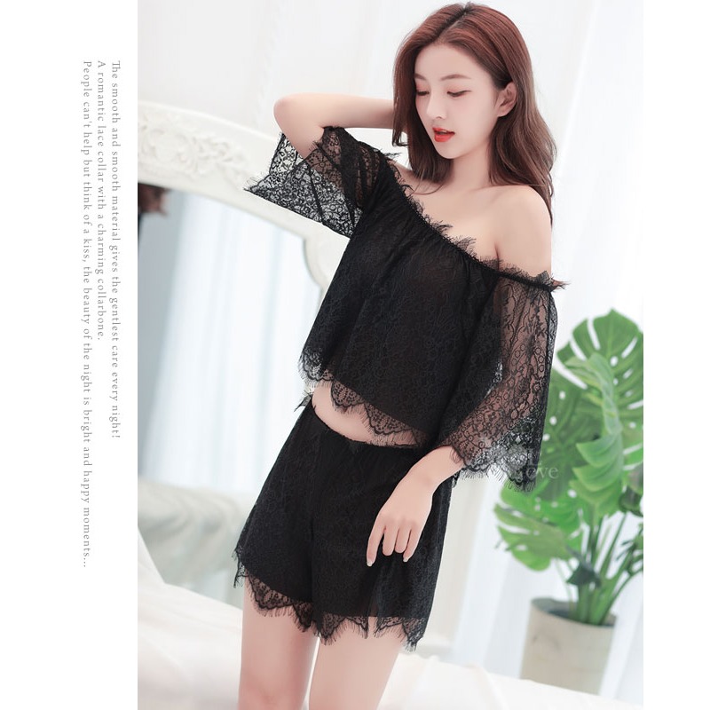 甜美浪漫蕾絲一字領兩件式短褲睡衣 情趣睡衣 情趣內衣 性感睡衣 性感內衣-細節圖4