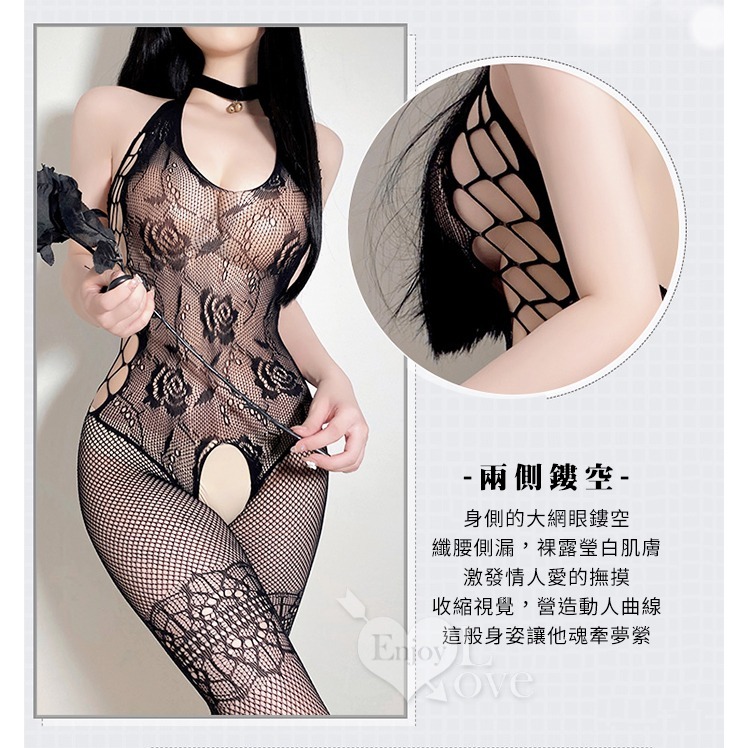 極性貓裝 玫瑰緹花透視網衣 低胸露溝 免脫開襠連身衣 美背鏤空絲襪連身衣 誘惑連身襪 情趣睡衣 性感內衣 絲襪網衣-細節圖4