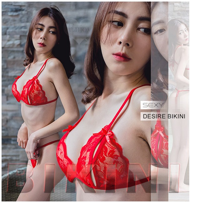 情趣比基尼兩件組【比基尼式上衣+開檔丁字褲】緹花露點波浪花邊彈力綁帶 情趣睡衣 情趣內衣 性感睡衣 性感內衣-細節圖7