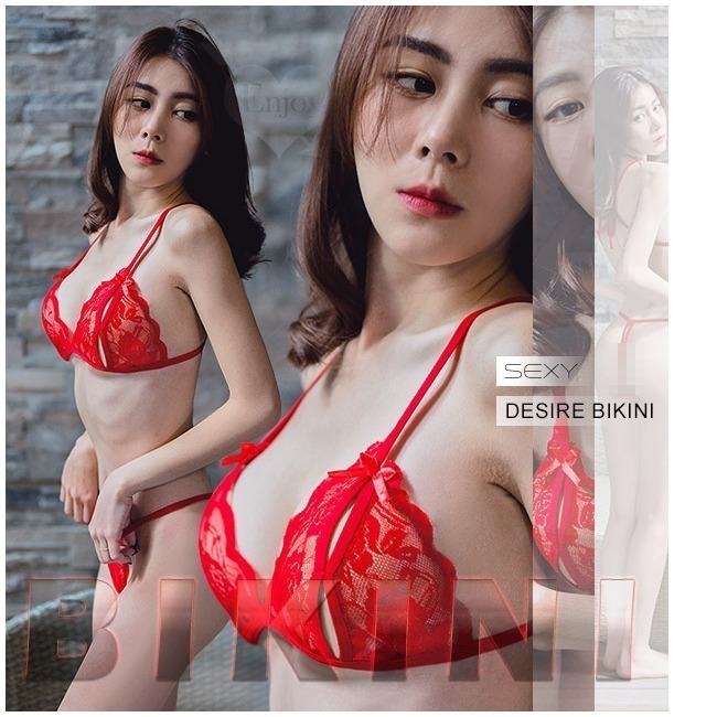 情趣比基尼兩件組【比基尼式上衣+開檔丁字褲】緹花露點波浪花邊彈力綁帶 情趣睡衣 情趣內衣 性感睡衣 性感內衣-細節圖7