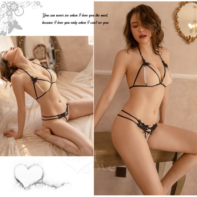 情趣比基尼兩件組【比基尼+丁字褲】繡花串珠綁帶三點式雙細帶丁字褲 情趣睡衣 性感內衣 火辣誘惑-細節圖7