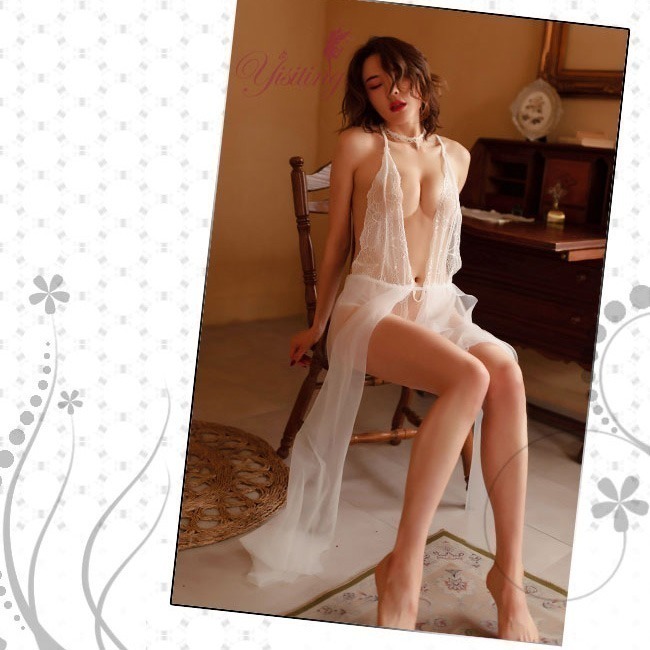 V型刺繡鏤空低胸情趣連身衣 後交叉細帶飄逸裙襬裝連身衣 薄紗網紗 情趣睡衣 情趣內衣 女生性感睡衣內衣-細節圖4