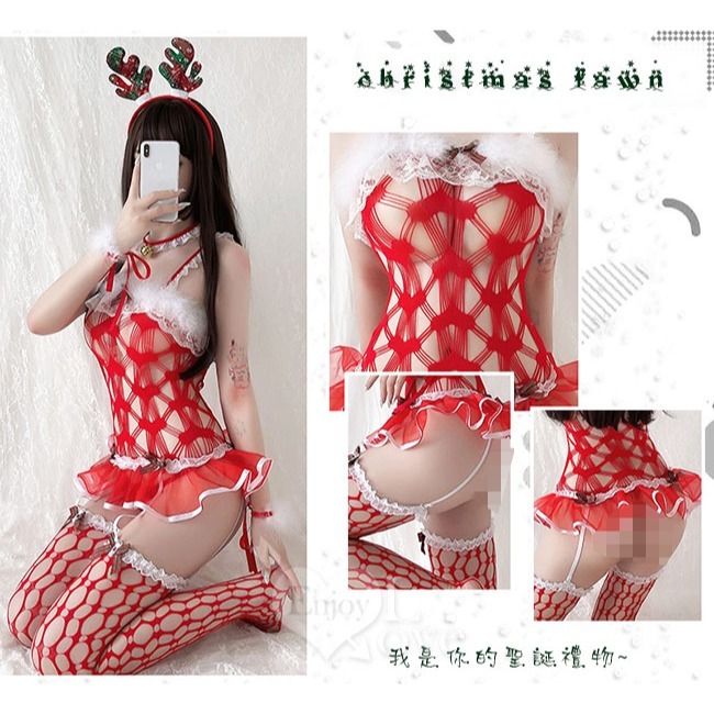 主題派對服裝❤鈴鐺頸環透視吊襪帶大圓孔網襪六件式【麋鹿髮箍＋鈴鐺頸環＋網衣裙＋手環*2＋丁字褲＋網襪】情趣角色扮演-細節圖3