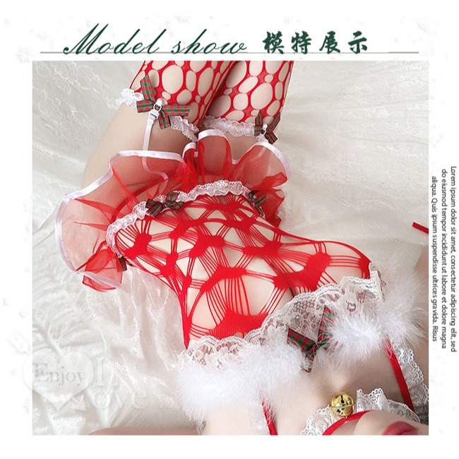 主題派對服裝❤鈴鐺頸環透視吊襪帶大圓孔網襪六件式【麋鹿髮箍＋鈴鐺頸環＋網衣裙＋手環*2＋丁字褲＋網襪】情趣角色扮演-細節圖6