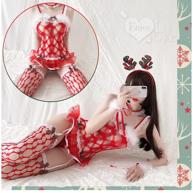 主題派對服裝❤鈴鐺頸環透視吊襪帶大圓孔網襪六件式【麋鹿髮箍＋鈴鐺頸環＋網衣裙＋手環*2＋丁字褲＋網襪】情趣角色扮演-細節圖7