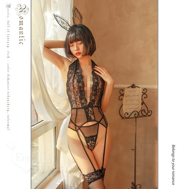 情趣吊襪帶 四件式【髮箍+連身衣+內褲+絲襪】繞脖Ｖ領透視美背後排釦套裝 火辣誘惑 情趣睡衣 性感內衣-細節圖6