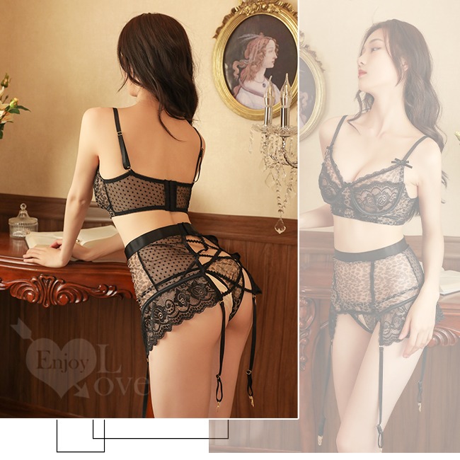 情趣比基尼 三件組 【比基尼+吊襪帶+內褲】豹紋繡花拼接波點後交錯裸臀吊襪帶 火辣誘惑 情趣睡衣 性感內衣-細節圖4