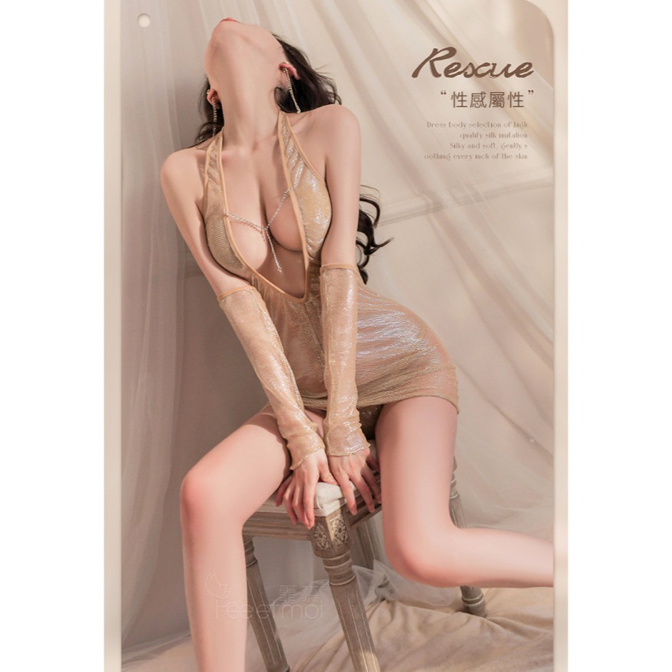 情趣夜店派對服 三件組【連身裙+袖套+丁字褲】V領露胸輕鑽點綴閃耀珠光層層抽皺包臀裙 情趣睡衣 性感內衣 火辣誘惑-細節圖9