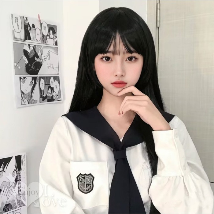 裝扮假髮 空氣瀏海長直髮【黑色】男女通用假髮 角色扮演 網美直播 表演派對裝扮 男扮女 偽娘變裝 Cosplay-細節圖4