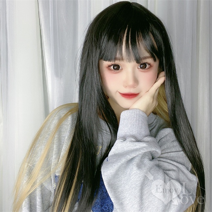 裝扮假髮 齊劉海長直髮耳圈染【黑色+亞麻色】男女通用假髮 角色扮演 網美直播 表演派對裝扮 男扮女 偽娘變裝-細節圖2