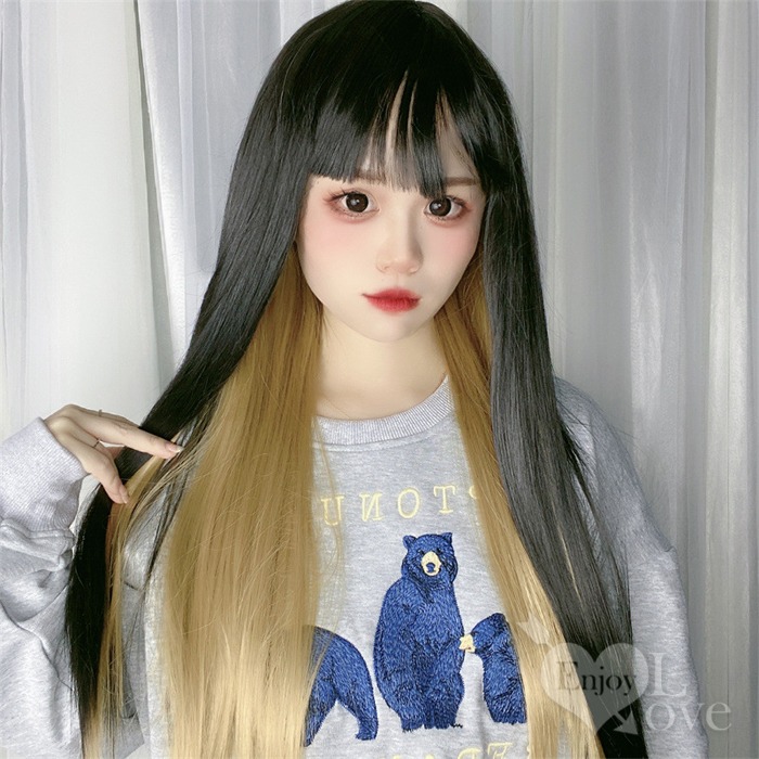 裝扮假髮 齊劉海長直髮耳圈染【黑色+亞麻色】男女通用假髮 角色扮演 網美直播 表演派對裝扮 男扮女 偽娘變裝-細節圖3