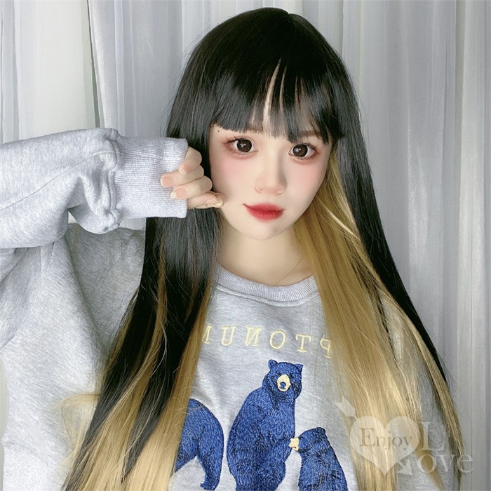 裝扮假髮 齊劉海長直髮耳圈染【黑色+亞麻色】男女通用假髮 角色扮演 網美直播 表演派對裝扮 男扮女 偽娘變裝-細節圖4