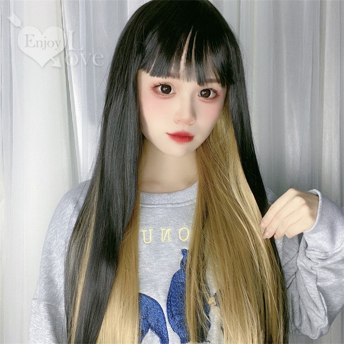 裝扮假髮 齊劉海長直髮耳圈染【黑色+亞麻色】男女通用假髮 角色扮演 網美直播 表演派對裝扮 男扮女 偽娘變裝-細節圖5