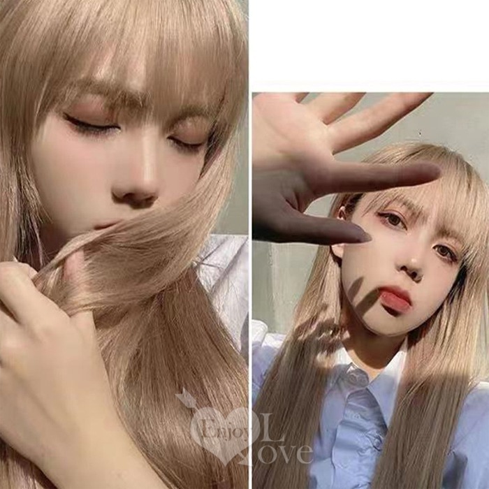 裝扮假髮 齊瀏海/長直髮【米白色】男女通用假髮 網美直播 角色扮演 舞會表演派對裝扮 男扮女 偽娘變裝 Cosplay-細節圖3
