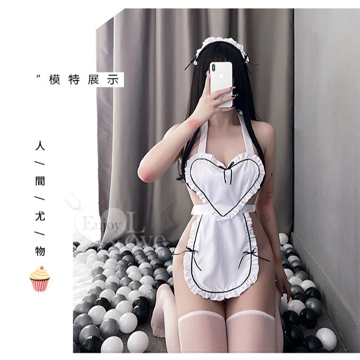 女僕角色扮演服 荷葉花邊愛心連身圍裙 後蝴蝶結鏤空 情趣內睡衣 性感女僕裝 Cosplay 制服 夜店派對服裝 蕾絲-細節圖4