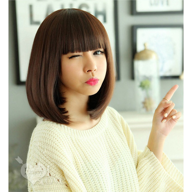 裝扮假髮 齊瀏海可愛Ｃ字內灣燙短直髮【淺棕色】男女通用假髮 網美直播 角色扮演 舞會表演派對裝扮 男扮女 偽娘變裝-細節圖4