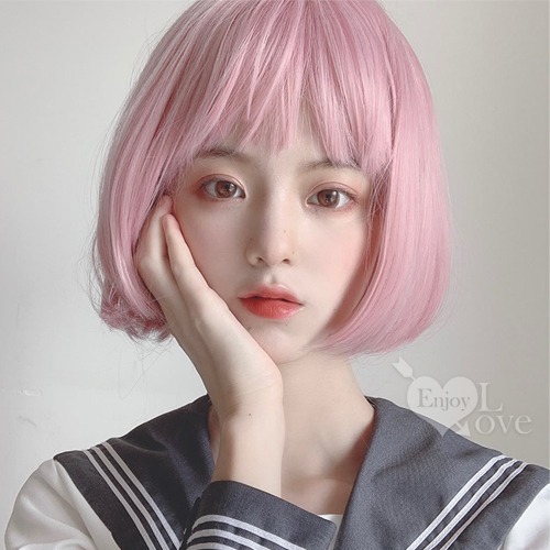 裝扮假髮 空氣瀏海可愛修臉假髮【淺粉色】bobo波波頭 網美網紅直播 男女通用假髮 舞會表演派對裝扮 男扮女 偽娘變裝-細節圖2