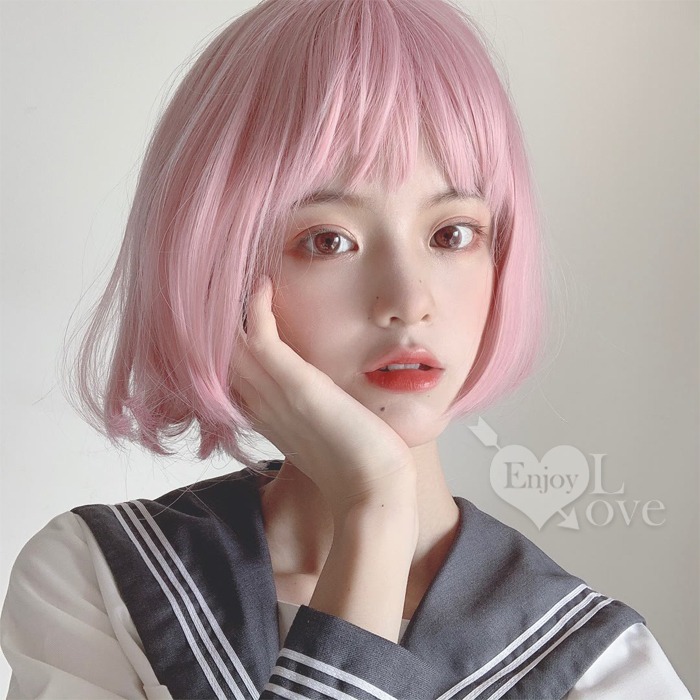 裝扮假髮 空氣瀏海可愛修臉假髮【淺粉色】bobo波波頭 網美網紅直播 男女通用假髮 舞會表演派對裝扮 男扮女 偽娘變裝-細節圖4