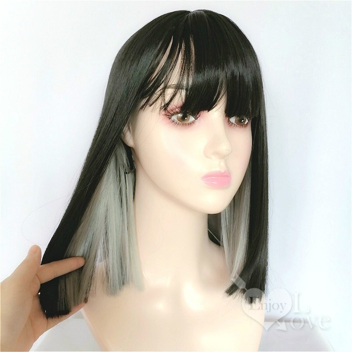 裝扮假髮 齊瀏海耳圈染雙色中短髮假髮【黑色+奶奶灰】男女通用假髮 網美網紅直播 角色扮演 表演派對裝扮 男扮女 偽娘變裝-細節圖9