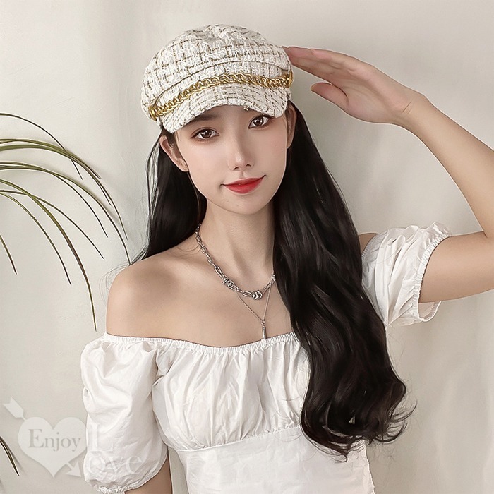 裝扮假髮 小香風韓系帽子假髮 大波浪長捲髮【黑髮白帽】男女通用假髮 網美網紅直播 角色扮演 表演派對裝扮 男扮女偽娘變裝-細節圖2