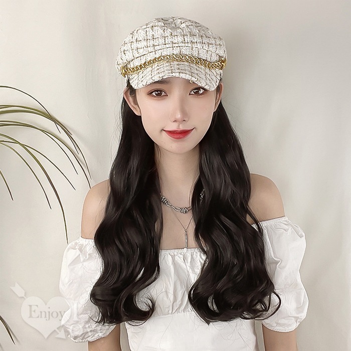 裝扮假髮 小香風韓系帽子假髮 大波浪長捲髮【黑髮白帽】男女通用假髮 網美網紅直播 角色扮演 表演派對裝扮 男扮女偽娘變裝-細節圖3