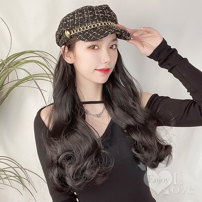 裝扮假髮 小香風韓系帽子假髮 大波浪長捲髮【黑髮黑帽】男女通用假髮 網美網紅直播 角色扮演 表演派對裝扮 男扮女偽娘變裝-細節圖2