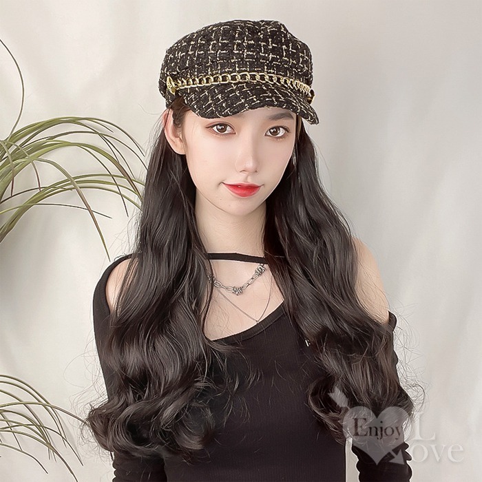 裝扮假髮 小香風韓系帽子假髮 大波浪長捲髮【黑髮黑帽】男女通用假髮 網美網紅直播 角色扮演 表演派對裝扮 男扮女偽娘變裝-細節圖3