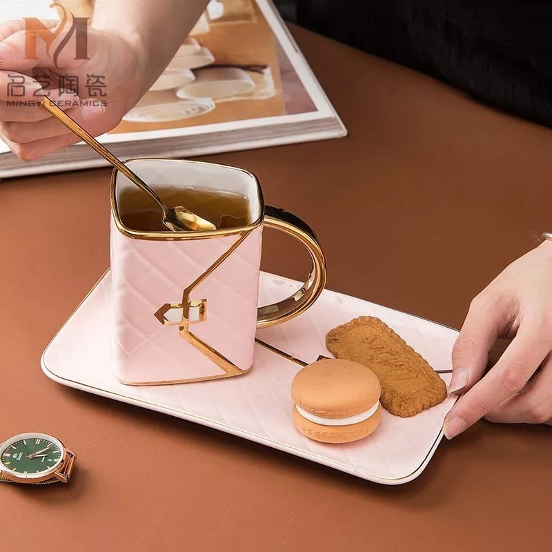 創意時尚包包造型菱格紋陶瓷花茶咖啡杯碟組結婚情人商務禮品馬克杯 (一杯一碟一勺）-細節圖2
